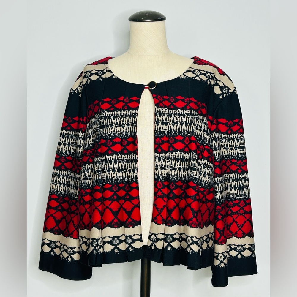 DN Design Pleated Cropped Open Front Jacket, Red Black Geometric Design, 24W